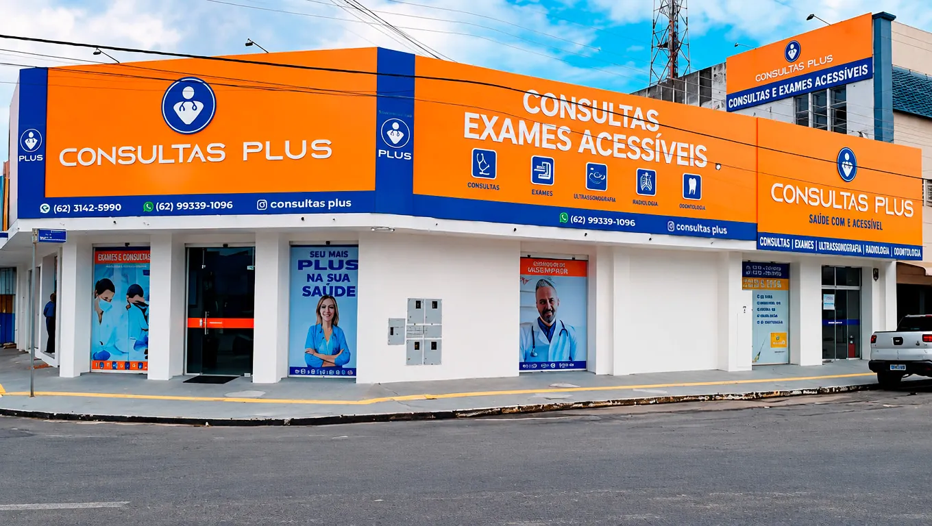 Fachada da Consultas Plus na esquina da Rua P-15 com a Avenida Perimetral