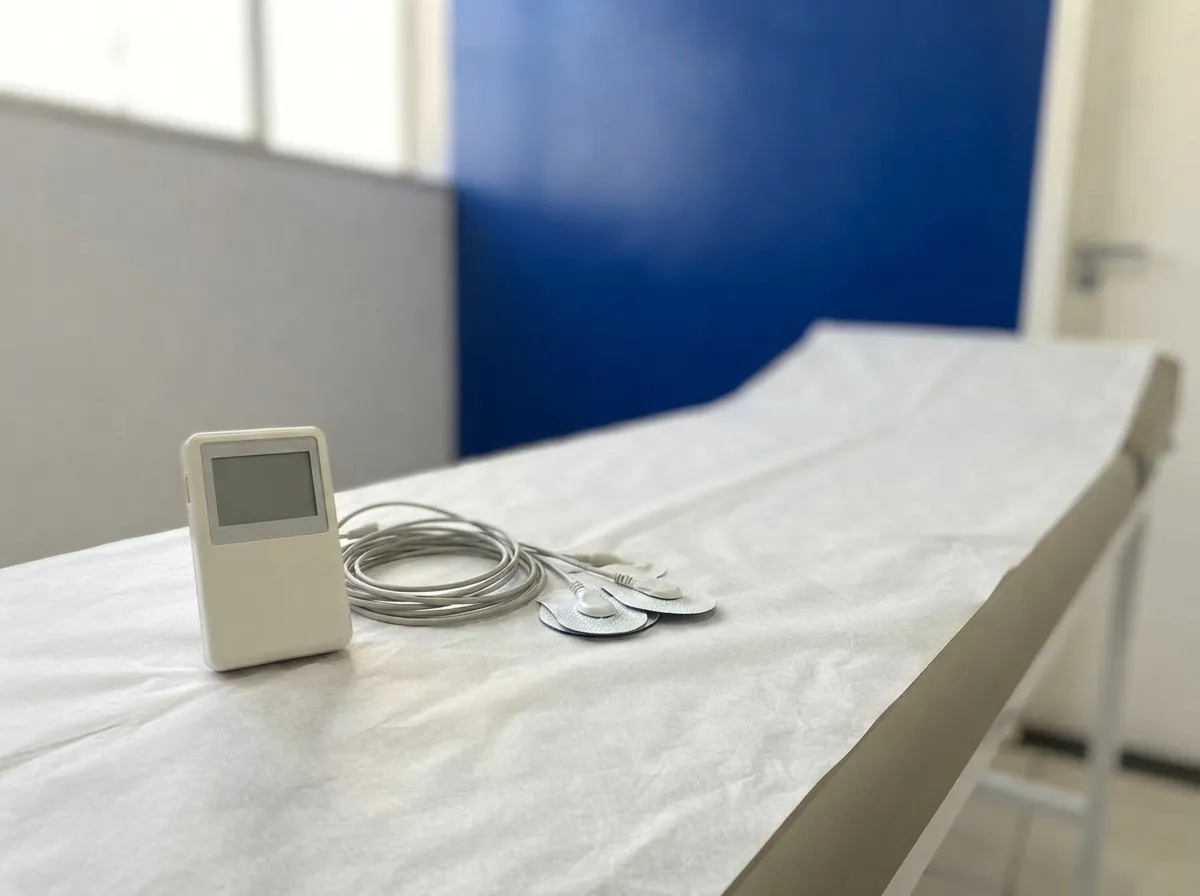 Gravador do Holter com cabos e eletrodos sobre a maca