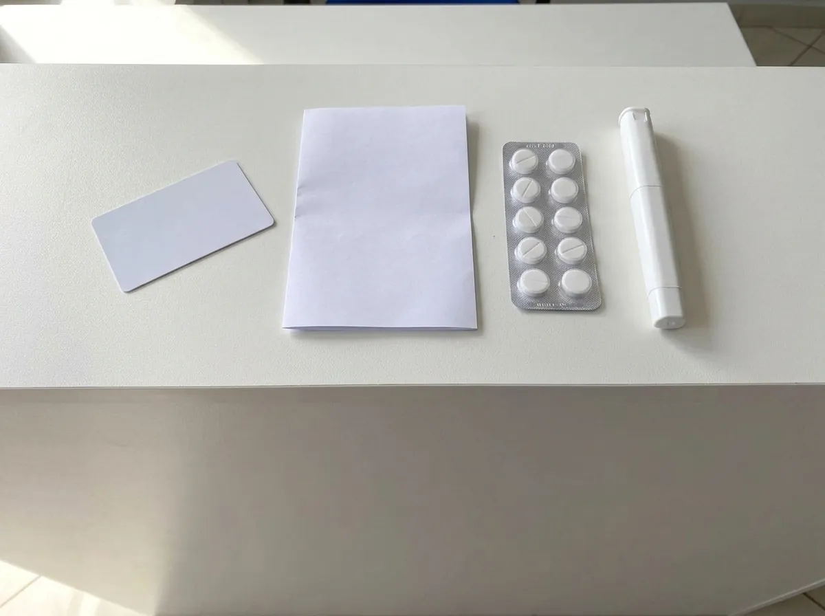 Documento, pedido médico, cartela de remédio e caneta autoinjetora sobre a mesa