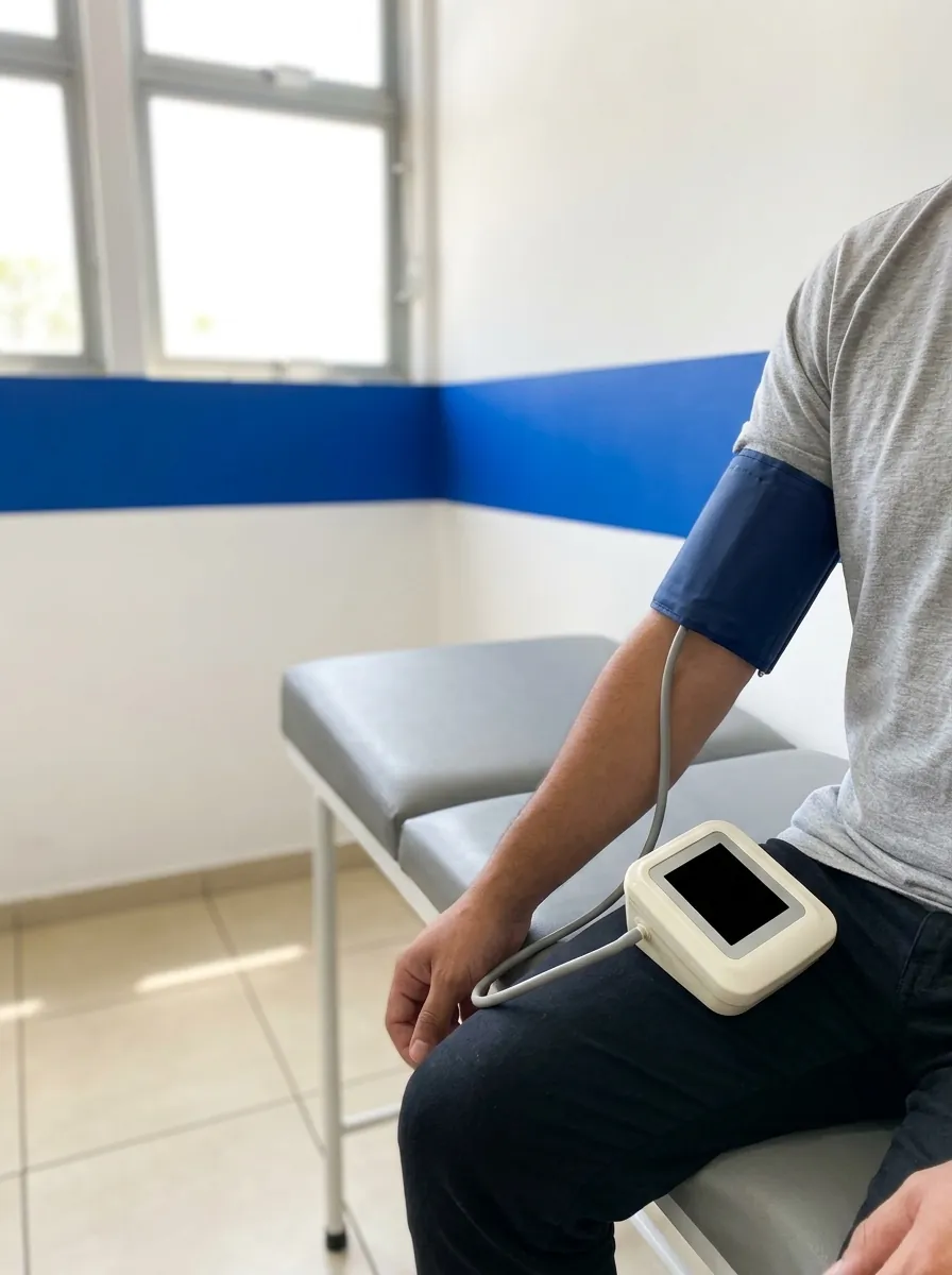 Homem sentado na maca com o manguito de pressão no braço
