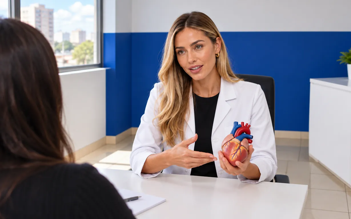 Médica explica o coração com um modelo anatômico