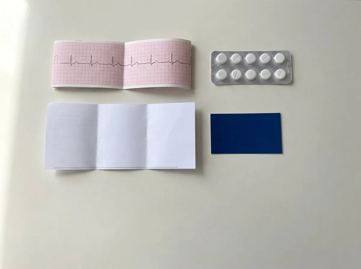 Tira de eletrocardiograma, cartela de remédio, pedido médico e documento sobre a mesa