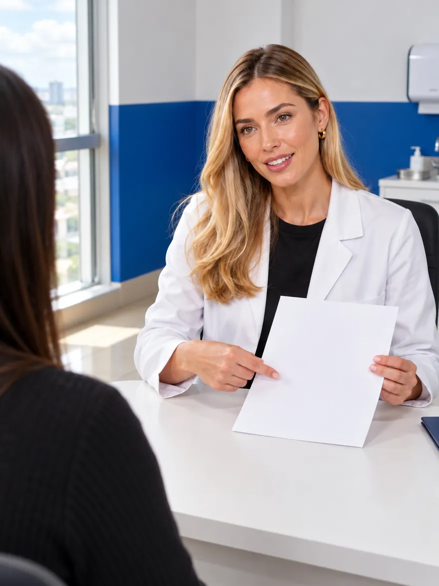 Médica mostra um laudo a uma paciente