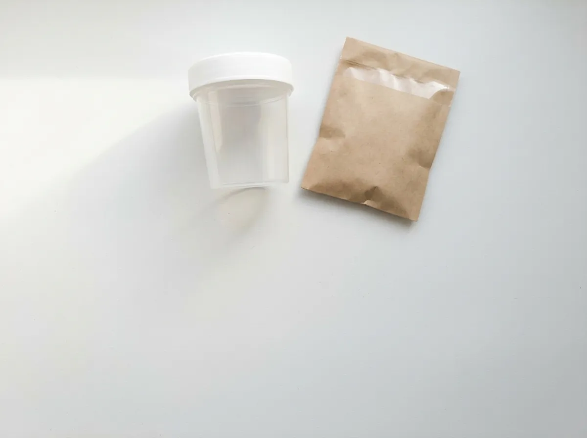 Frasco de coleta de urina e saquinho de papel