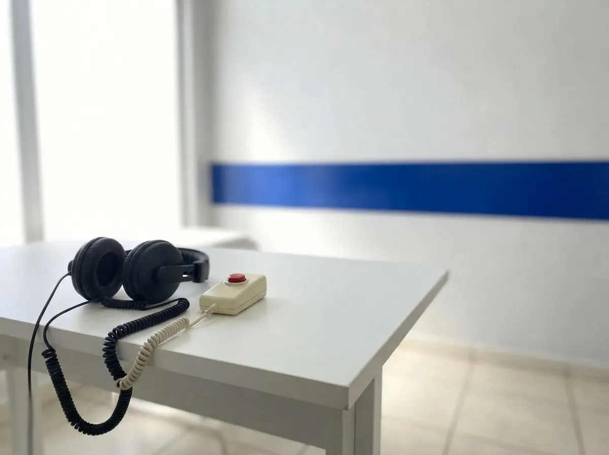 Fones de audiometria e botão de resposta sobre a mesa