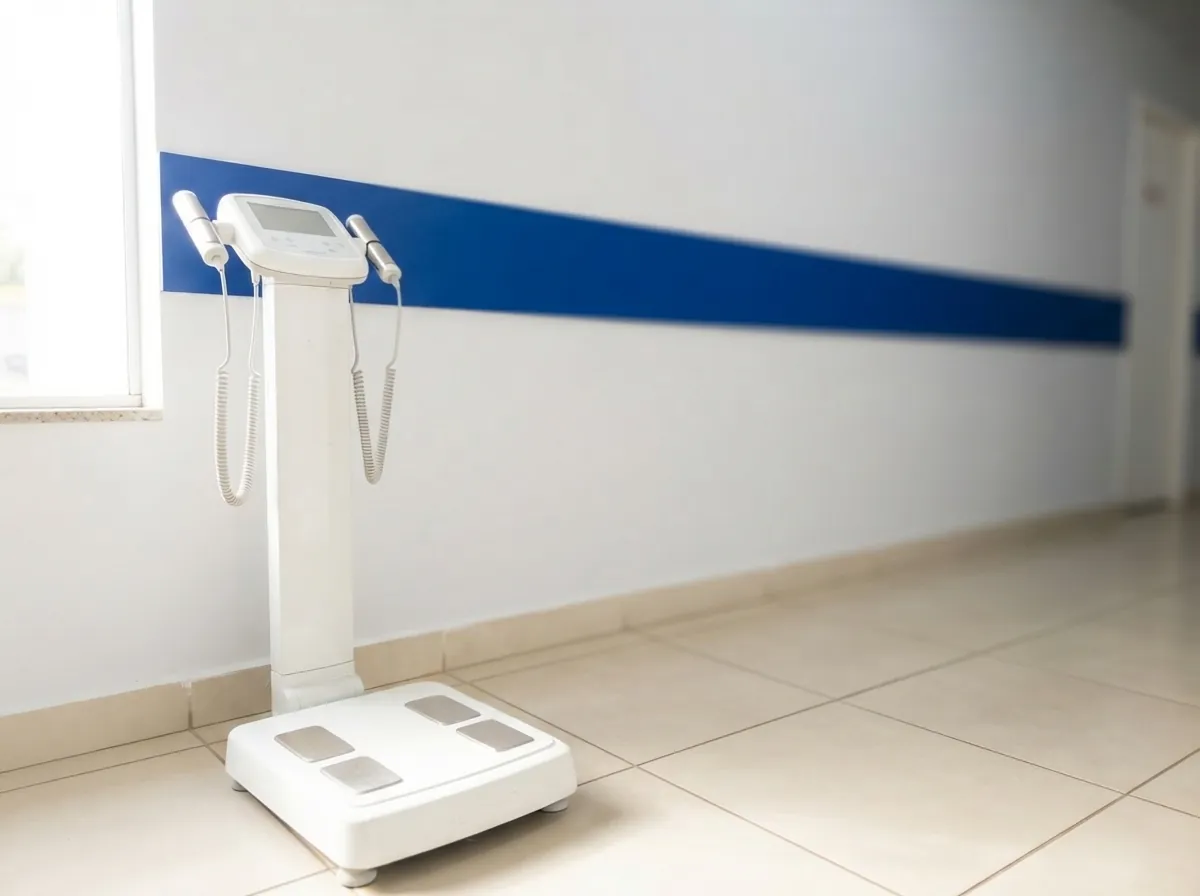 Aparelho de bioimpedância com placas para os pés e pegadores