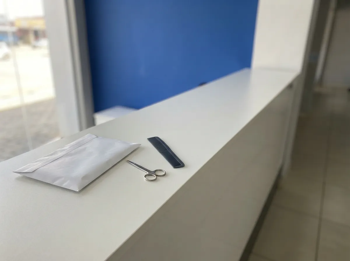 Envelope, tesoura pequena e pente sobre o balcão