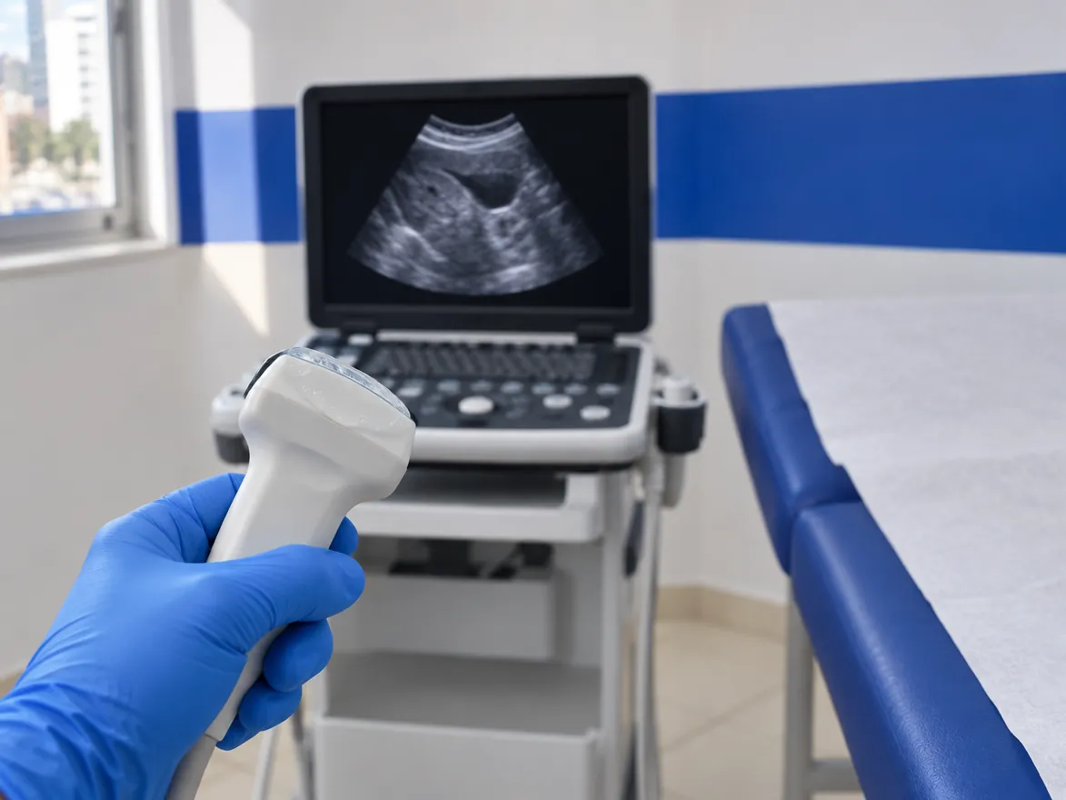 Mão de luva segura o transdutor de ultrassom, com a tela do aparelho ao fundo