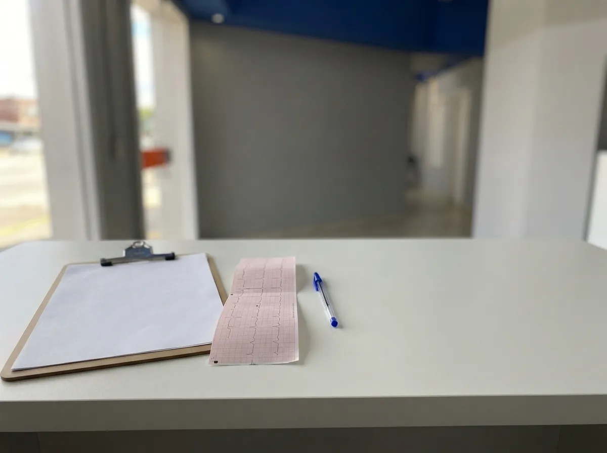 Prancheta, tira de eletrocardiograma e caneta