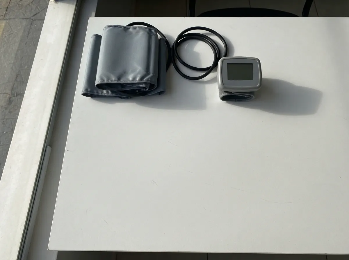 Aparelho de pressão com manguito e monitor sobre a mesa