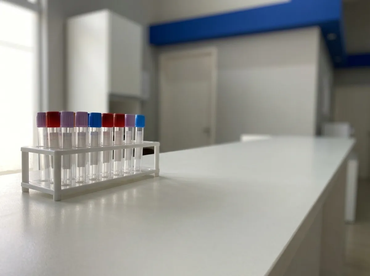 Estante com tubos de coleta de sangue sobre o balcão
